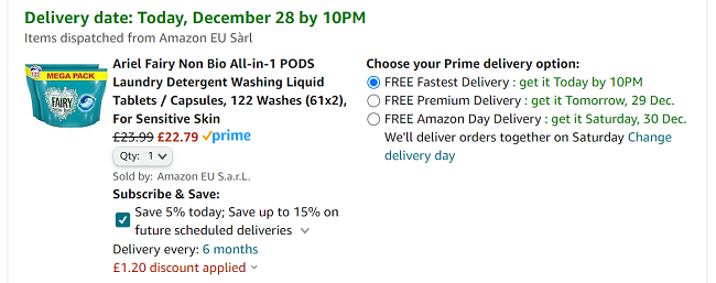 Screenshot of Fairy Non Bio All-in-1 Pods 122 Pack for £22.79 at Amazon