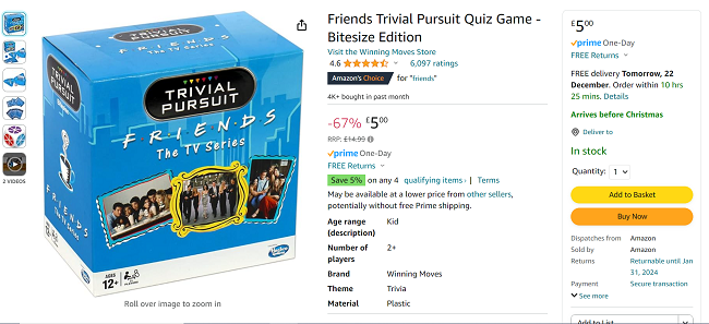 Screenshot showing Friends Trivial Pursuit Quiz Game Bitesize Edition for £5 at Amazon