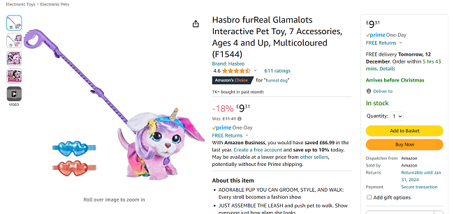 Screenshot showing Hasbro furReal Glamalots Interactive Pet Toy for £9.31 at Amazon