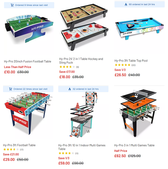 Screenshot of reduced games tables at Argos