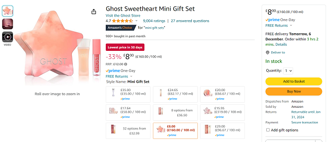 Screenshot of Ghost Sweetheart Mini Gift Set for £8 at Amazon