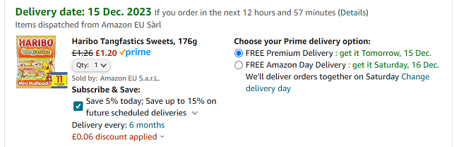 Screenshot of Haribo Tangfastics Sweets 11 Mini Bags, 176g, for £1.20 at Amazon