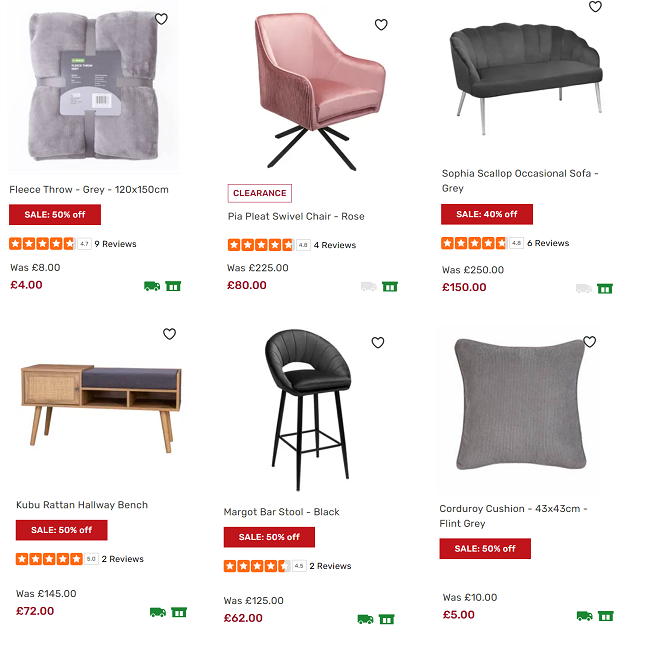 Screenshot showing sale items at Homebase