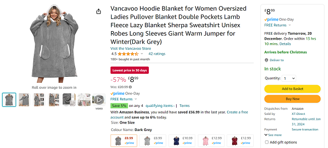 Screenshot showing Vancavoo Oversized Women's Hoodie Blanket for £8.99 at Amazon / XT-Direct