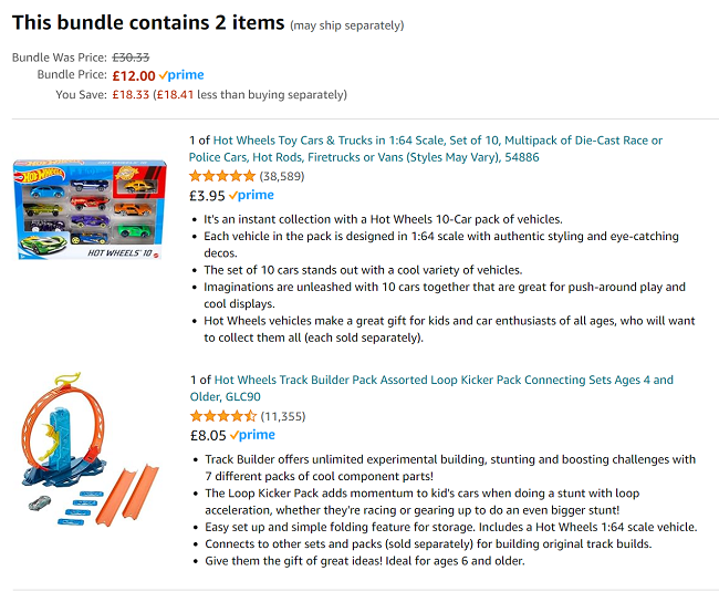 Screenshot of Hot Wheels 10 Car Pack Assortment & Track Builder Unlimited Loop Kicker Pack Bundle for £12 at Amazon
