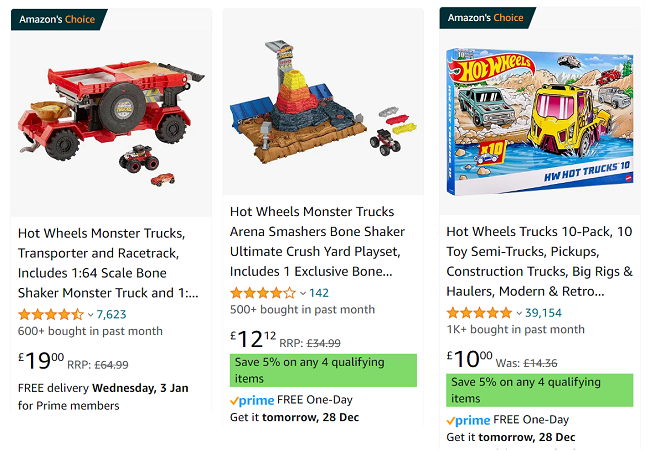 Screenshot of Hot Wheels toys at Amazon