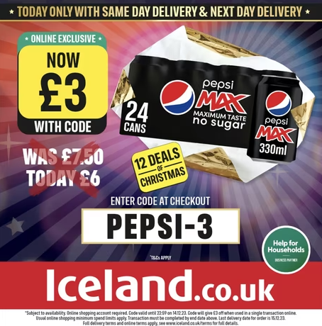Promotional image of Pepsi Max No Sugar 24 x 330ml for £3 with code online at Iceland offer