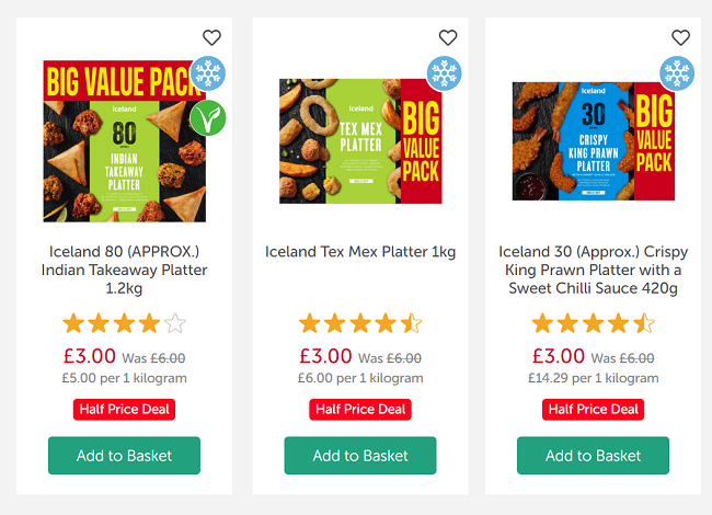 Screenshot showing Half Price Party Platters at Iceland