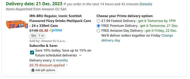 Screenshot showing IRN-BRU Regular 24 x 330ml for £6.30 at Amazon