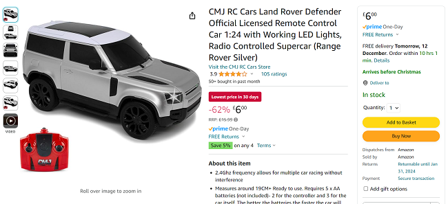 Screenshot showing Land Rover Defender Official Licensed Remote Control Car for £6 at Amazon