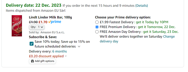 Screenshot of Lindt Lindor Bar Milk for £1.70 at Amazon