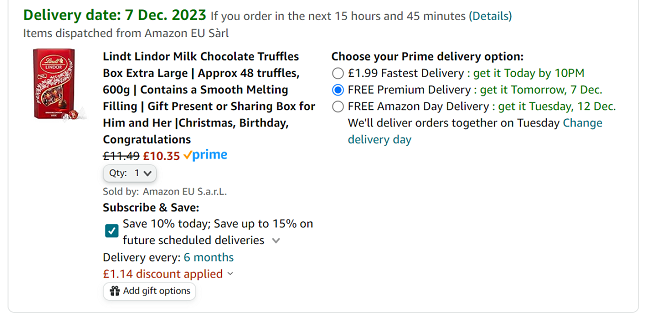 Screenshot showing Lindt Lindor Milk Chocolate Truffles Box Extra Large 600g for £10.35 at Amazon