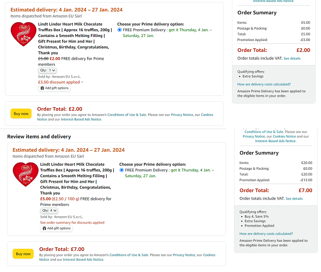 Screenshot showing Lindt Lindor Heart Milk Chocolate Truffles Box for £2 or 4 for £7 at Amazon