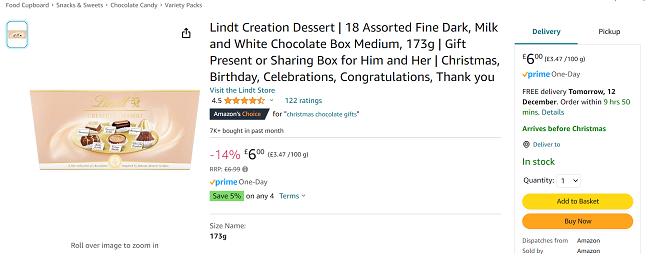 Screenshot showing Lindt Creation Dessert Assorted Fine Dark, Milk and White Chocolate Box, 173g for £6 at Amazon
