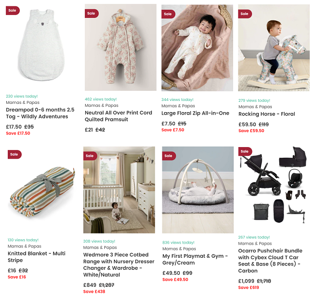 Screenshot of Mamas & Papas sale items