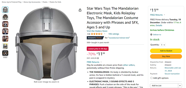 Screenshot of Star Wars The Mandalorian Electronic Mask for £11.99 at Amazon