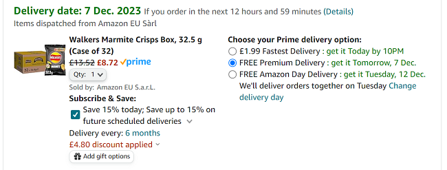Screenshot showing Case of 32 Walkers Marmite Crisps 32.5g for £8.72 at Amazon