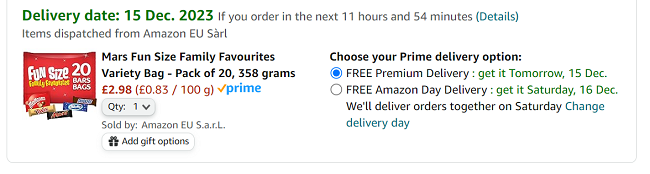 Screenshot of Mars Fun Size Family Favourites Pack Of 20 358g for £2.98 at Amazon