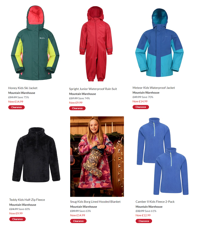 Screenshot of Mountain Warehouse kids sale items 