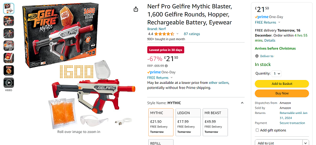 Screenshot showing Nerf Pro Gelfire Mythic Blaster for £21.50 at Amazon