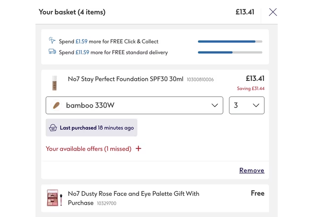  Screenshot showing No7 Stay Perfect Foundation SPF30 30ml 3 for £13.41 + Free Gift at Boots