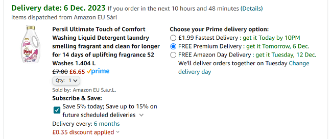 Screenshot og Persil Ultimate Touch of Comfort Washing Liquid 52 Washes for £6.65 at Amazon