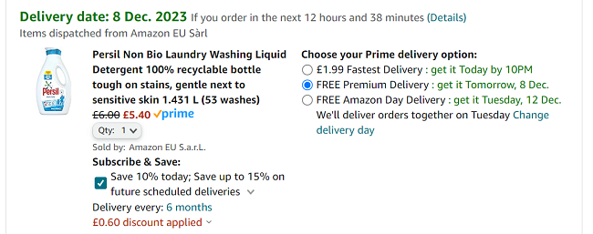 Screenshot showing Persil Liquid Laundry 53 Wash for £5.40 at Amazon