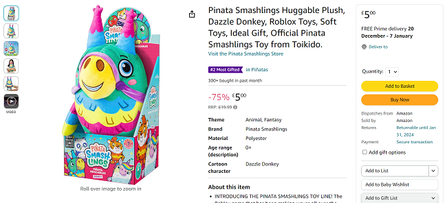 Screenshot of Pinata Smashlings Dazzle Donkey Huggable Plush for £5 at Amazon
