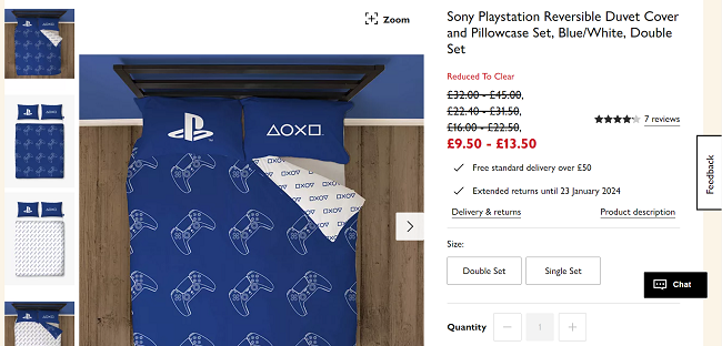 Screesnshot showing Sony Playstation Reversible 100% Cotton Duvet Cover and Pillowcase Set from £9.50 at John Lewis & Partners