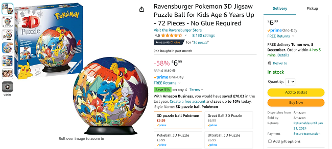 Screenshot showing Ravensburger Pokémon 3D Jigsaw Puzzle Ball for £6.99 at Amazon