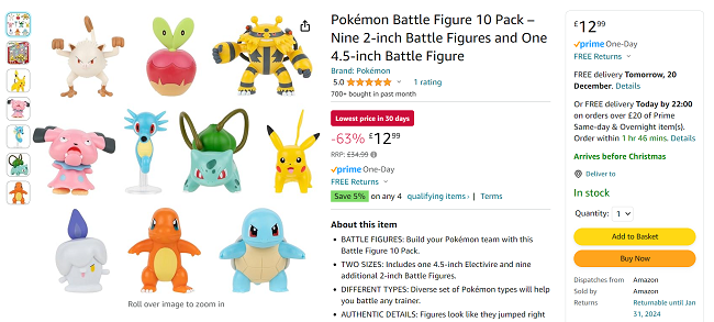 Screenshot showing Pokémon Battle Figure 10 Pack for £12.99 at Amazon