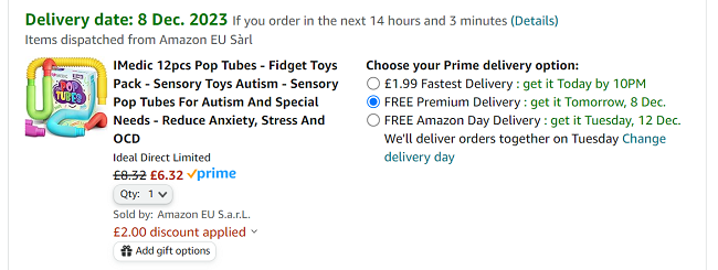 Screenshot showing Pop Tubes 12 Pack for £6.32 at Amazon