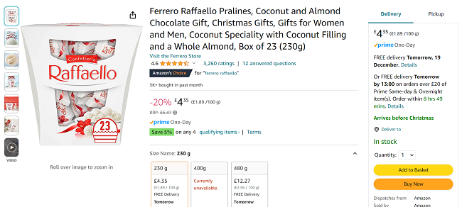 Screenshot showing Ferrero Raffaello Coconut & Almond Pralines 230G for £4.35 at Amazon