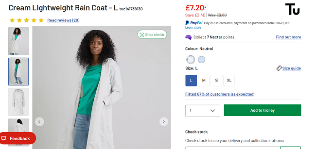 Screenshot of Tu Clothing Lightweight Raincoat for £7.20 at Argos