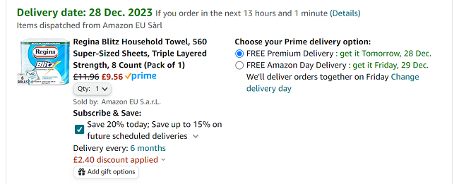 Screenshot showing Regina Blitz Kitchen Towel 8 Rolls for £9.56 at Amazon