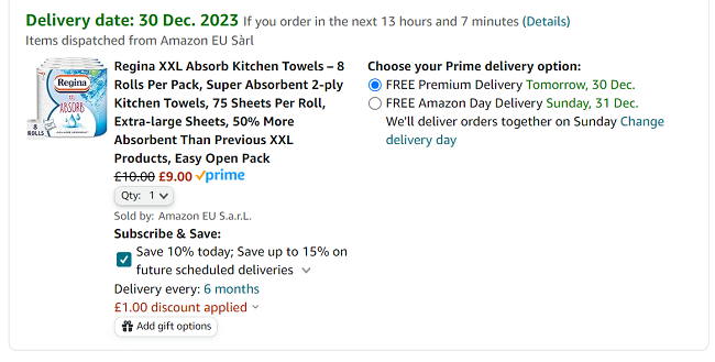 Screenshot showing Regina XXL Absorb Kitchen Roll 8 Rolls for £9 at Amazon