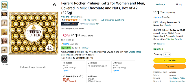 Screenshot of Ferrero Rocher Box of 42 (525g) for £11.50 at Amazon