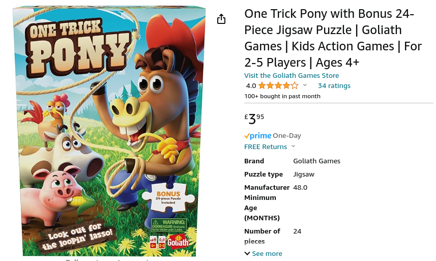 Goliath Games One Trick Pony Game & Jigsaw Puzzle £3.95 @ Amazon