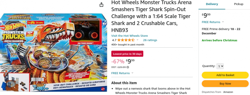 Hot Wheels Monster Trucks Arena Smashers Tiger Shark Spin-Out Challenge £9.99 @ Amazon