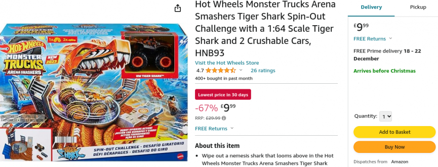 Hot Wheels Monster Trucks Arena Smashers Tiger Shark Spin-Out