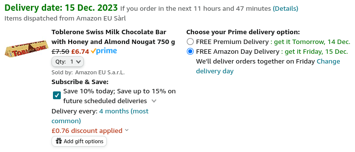 Toblerone Swiss Milk Chocolate Bar with Honey and Almond Nougat 750g £6.75 @ Amazon