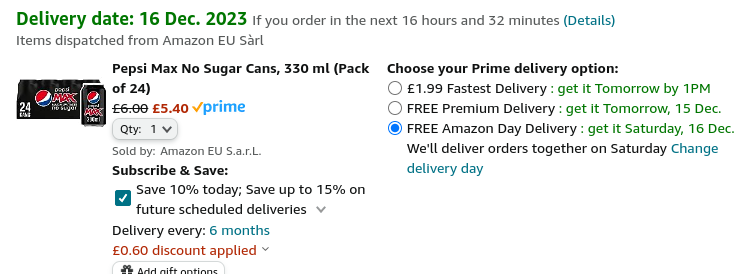 Pepsi Max No Sugar Cans, 330 ml (Pack of 24) £6.75 @ Amazon