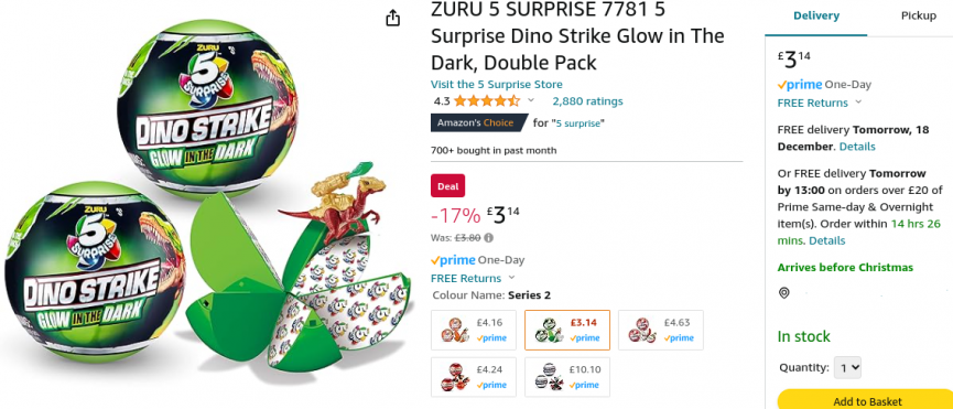 ZURU 5 Surprise Dino Strike Glow in The Dark Double Pack £3.14 @ Amazon