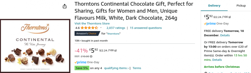 Thorntons Continental Collection 264g Now £5.92 @ Amazon