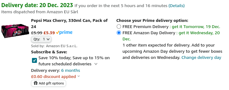 Pepsi Max Cherry 330ml Can 24 Pack £5.39 @ Amazon