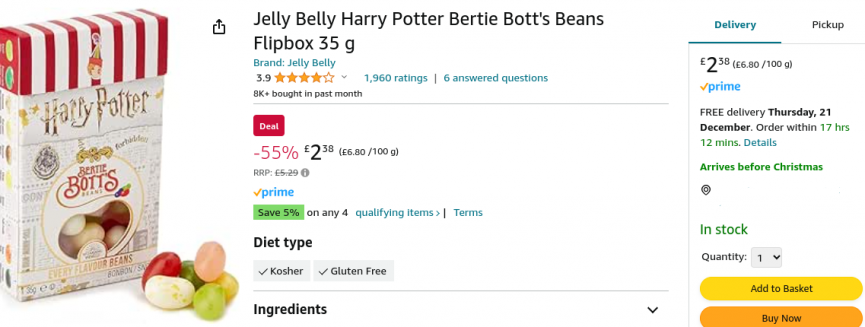 Jelly Belly Harry Potter Bertie Bott's Beans Flipbox 35 g £2.38 @ Amazon