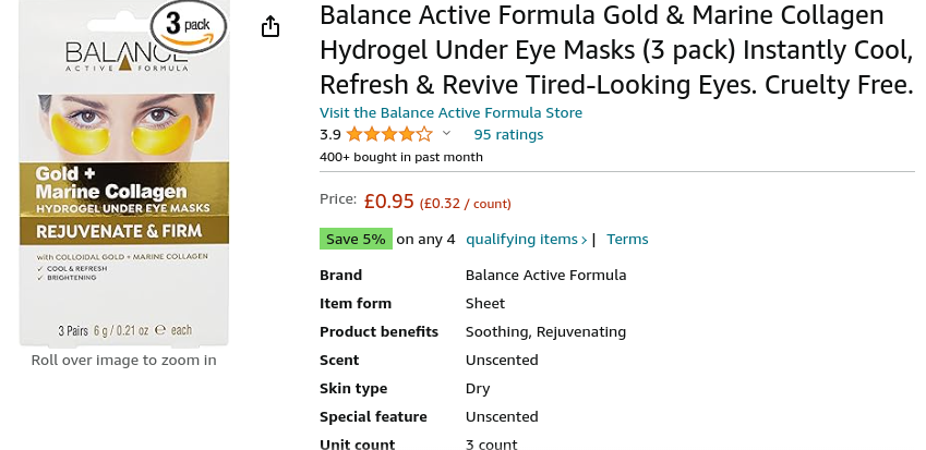 Balance Active Formula Gold & Marine Collagen Hydrogel Under Eye Masks (3 pack) 95p @ Amazon