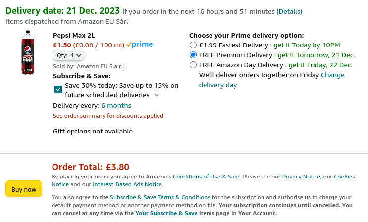 Pepsi Max 2L x 4 for £3.80 @ Amazon