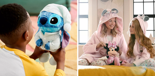 Child playing with Disney Stitch soft toy and adult and child wearing matching Minnie Mouse dressing gowns