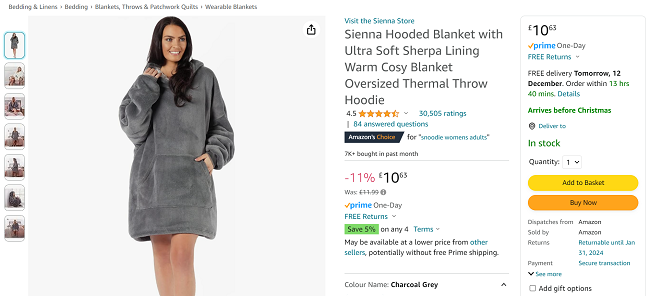 Screenshot showing Sienna Hooded Blanket with Ultra Soft Sherpa Lining Charcoal Grey for £10.63 at Amazon